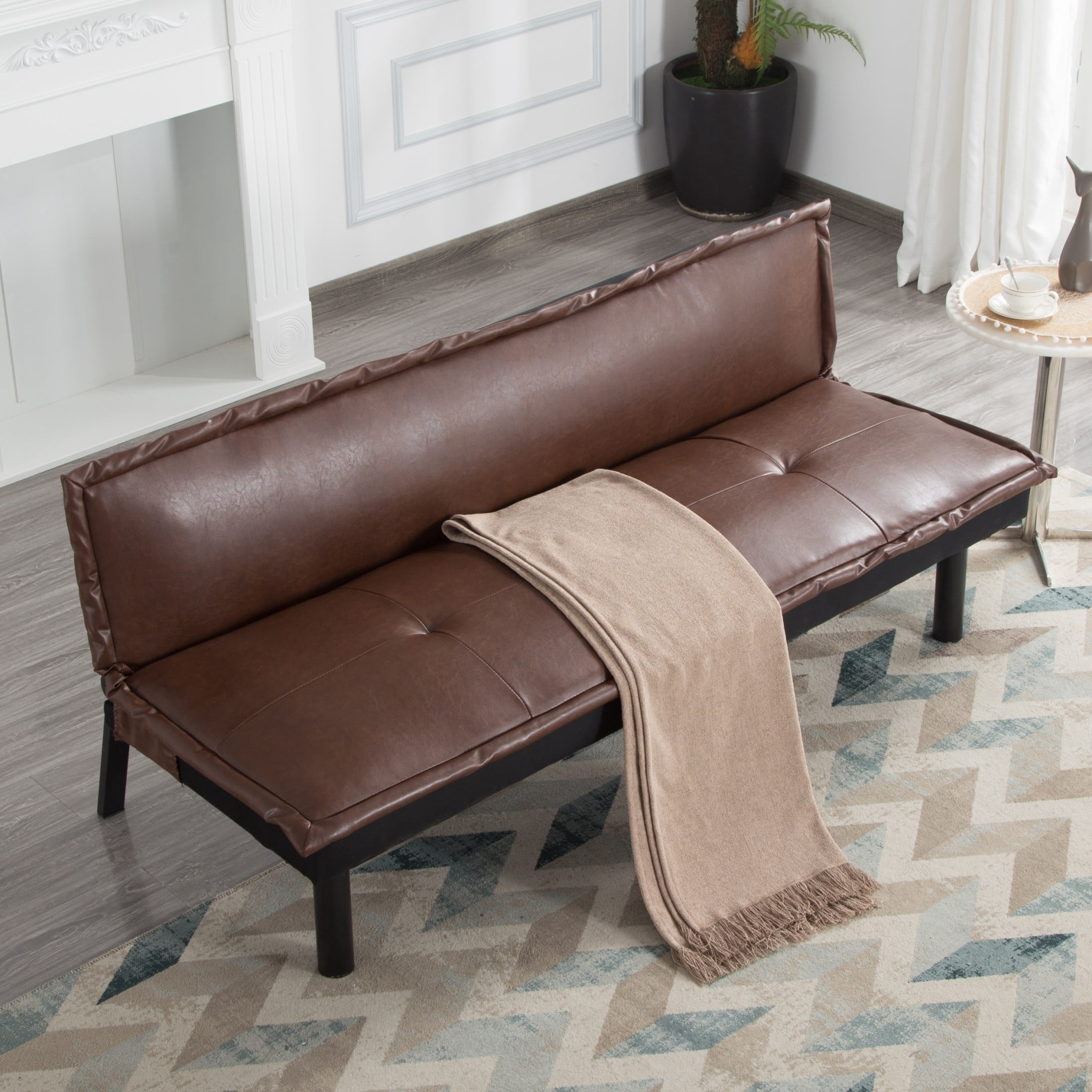 Gewnee 64.6" Convertible Sleeper Sofa Bed, PU Futon Couch with Push-Back Mechanism, Modern Sofa Bed for Living Room, Guest Room, Small Space(Brown)