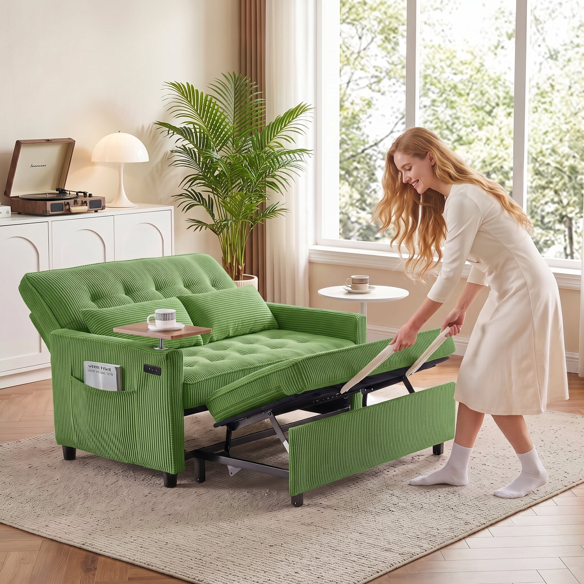 AISWORD 55" 3-in-1 Convertible Sleeper Sofa Bed, Pull Out Loveseat Couch with Side Tray Table & USB Charging Port, Adjustable Backrest Sofa for Apartment, Bedroom, Office, Green