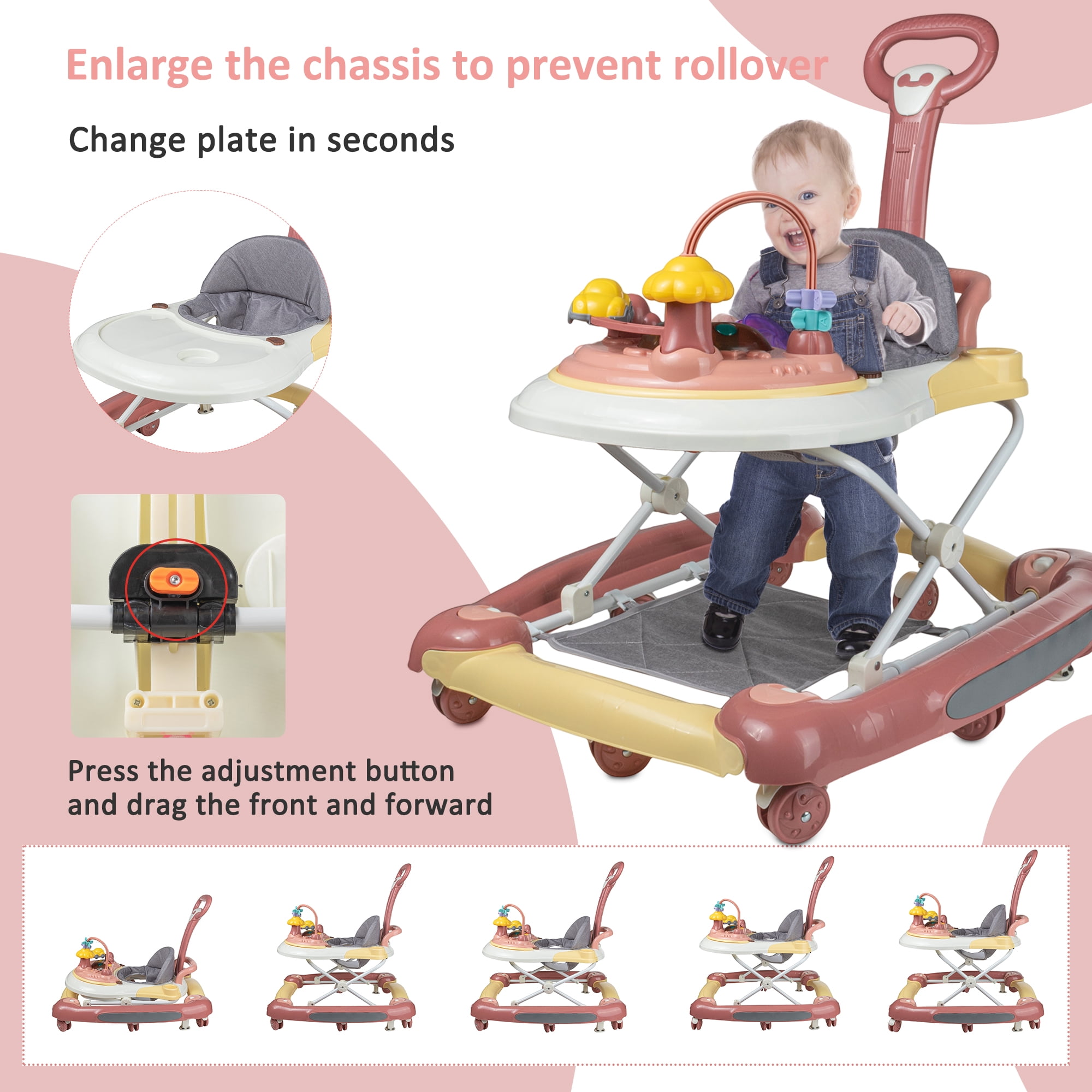 GIATUEE 4 in 1 Baby Walker with Wheels, Foldable Walker for Baby Boys Girls, 7 Months+(Pink)