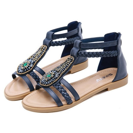 

cllios Sandals Women Bohemian Beach Flats Sandal Vintage Beaded Braided Strap Open Toe Roman Shoes