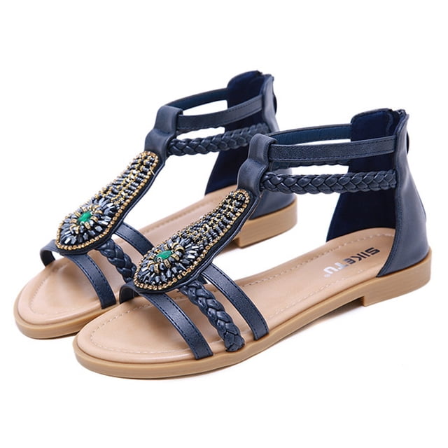 Sandalias Mujer Playa Bohemio Vintage Con cuentas Cremallera Rhinestone Roman Flats Zapatos Wmkox8yii FOPL2619
