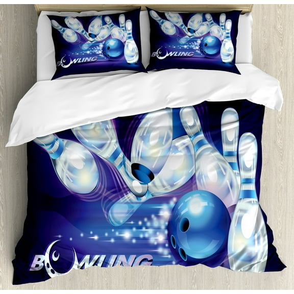 Bowling Party Duvet Cover Set, Fantasy Design Vibrant Ball and Scattered Pins with Crescent Moon, Decorative 3 Piece Bedding Set with 2 Pillow Shams, Calking Size, Indigo White Blue, by Ambesonne