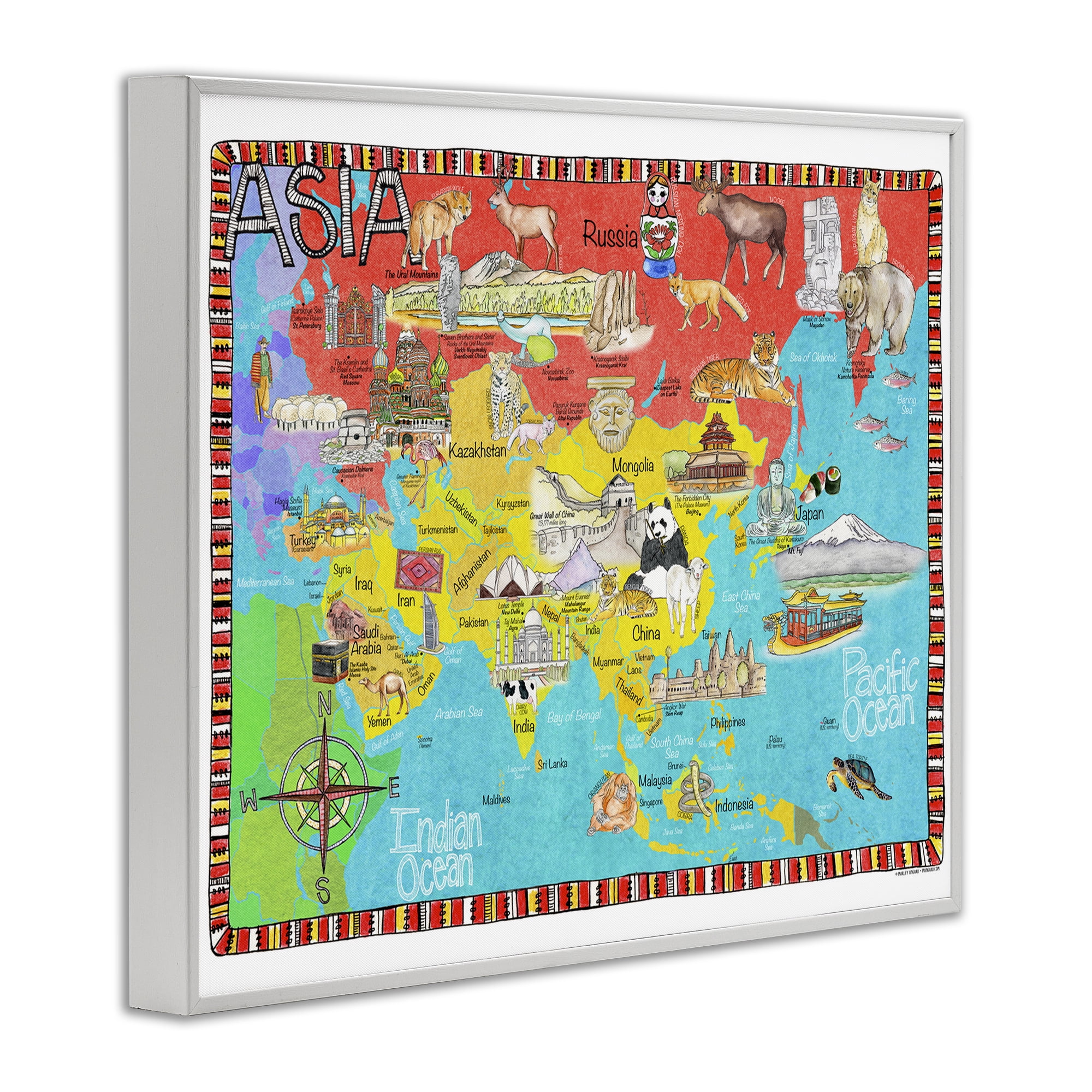 Stupell Industries Asian Animal Map Travel & Places Painting White Framed Art Print Wall Art, 30 x 24