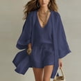 thumbnail image 2 of Dianli Women's Three Piece Linen Summer Outfit, V-Neck Cami Top, Loose Cardigan, and Drawstring Shorts Set, Casual Beach Cover Up, Comfortable Vacation Resort Wear Pink M, 2 of 10