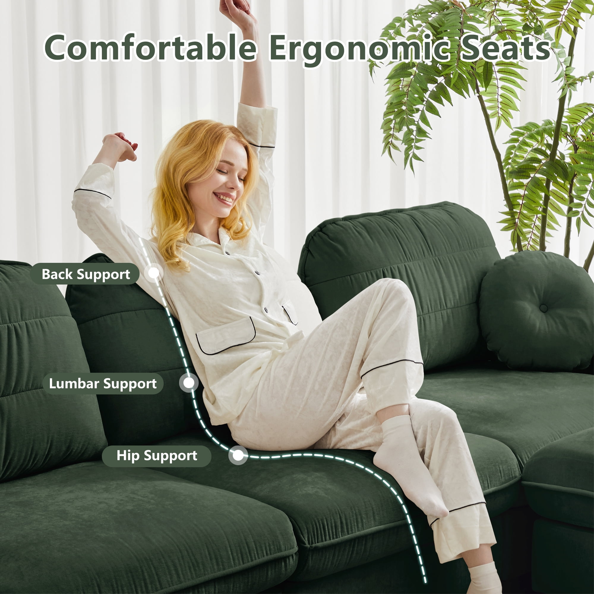 Mintazer 137" Chenille Cloud 4-Seater Modular Sectional Sofa with 2 Movable Ottoman & Round Pillows, U-Shaped Ergonomic Sofa Couch for Living Room, Apartment, Green