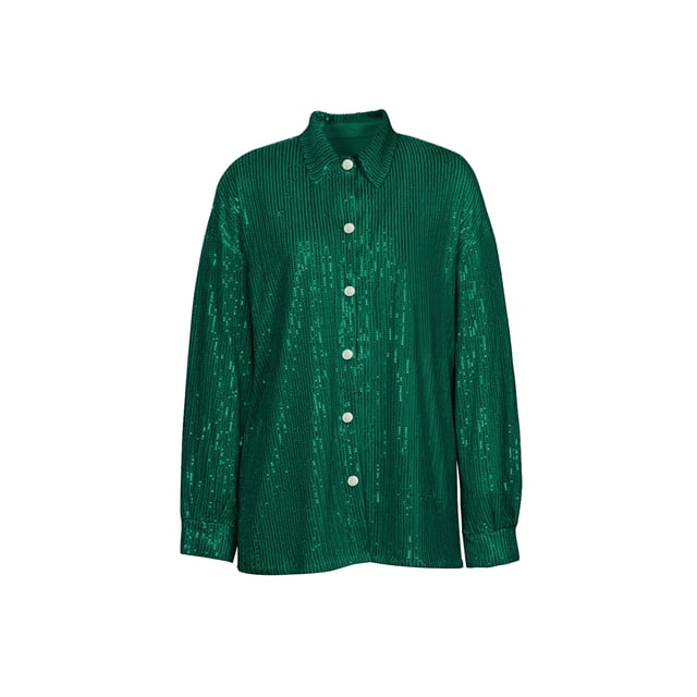 Sunloudy Women Button Down Shirts, Sequin Long Sleeve Solid Color Oversized Lapel Single-breasted Tops