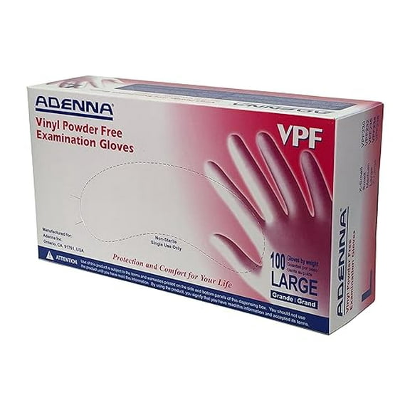 Adenna VPF236 VPF 3.5 mil Vinyl Powder Free Exam Gloves (Translucent, Large)