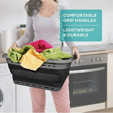 Brookstone 11 Gallon Collapsible Plastic Laundry Basket, Portable Pop-up Hamper, Foldable Storage Container, Washing Tub, Dark Gray