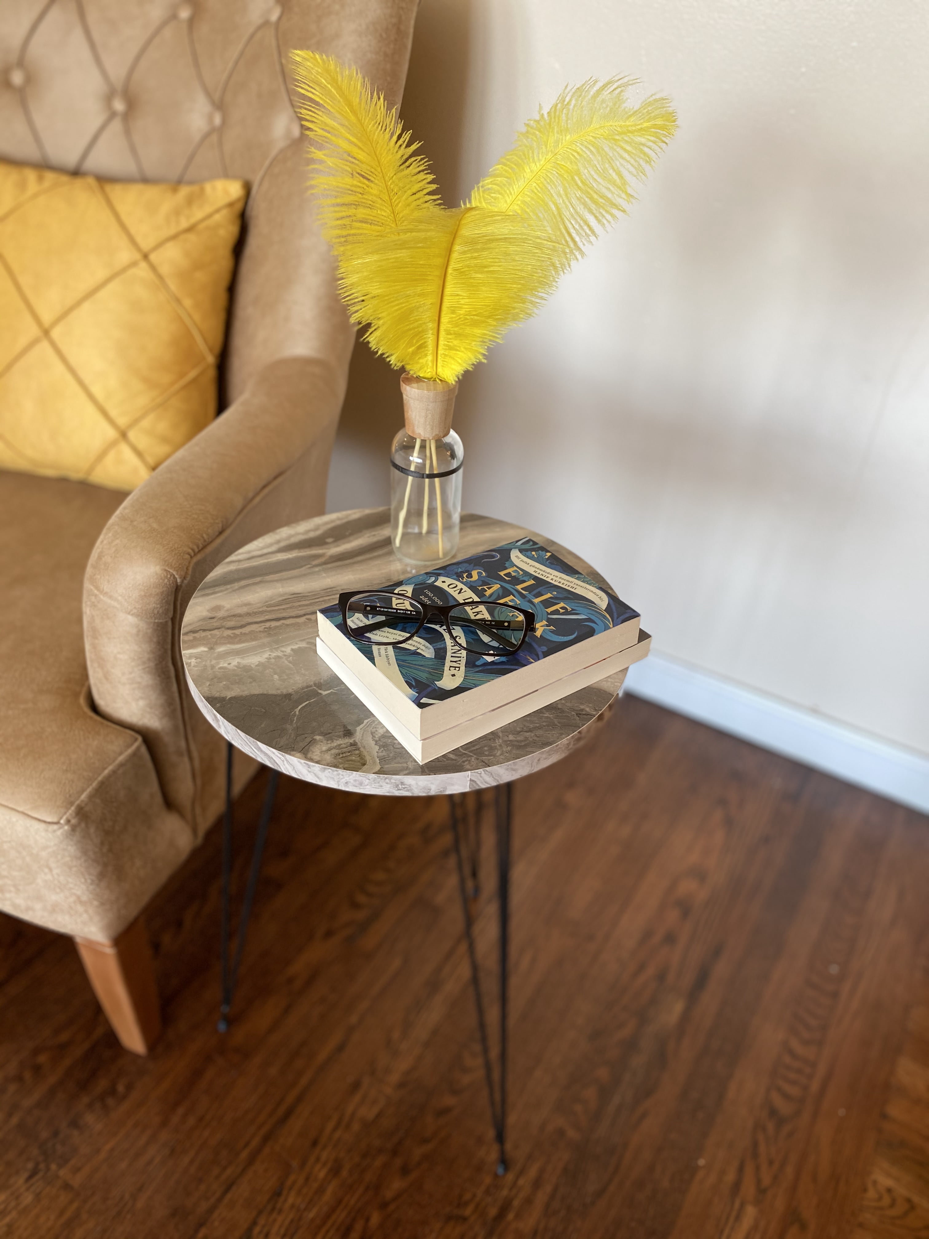 PAK HOME - Set of 2 Grey Marble Look Wood End Table, Round Sofa Side Tables for Small Spaces, Accent Nightstand Bedside Table with Metal Legs