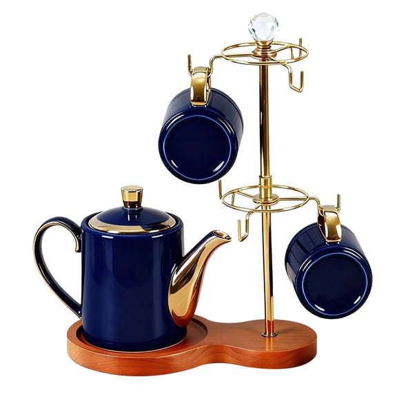 Coffee Mug Tree Holder, Countertop Mug Holders with Wood Base, 6 Hooks Metal Coffee Cup Drying Rack, Space Saving, Gold, 10.2 x 12.4 in