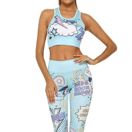 Fancyleo 2 pcs Women's Boom Comic Pattern Print Fitness Yoga Vest Tights
