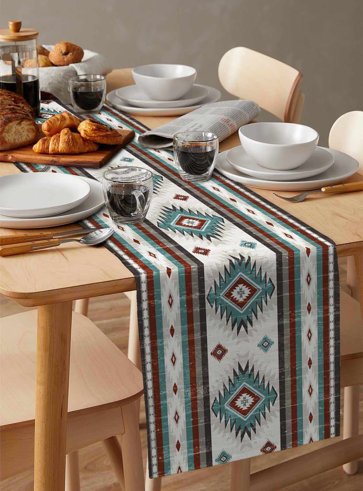 Turquoise Brown Burlap Cotton Table Runner 16x72 Inches Long, Southwestern Stripe Western Rustic Aztec Farmhouse Table Runners, Outdoor Dining Tablecloths Decor for Baby Shower/Party/Wedding