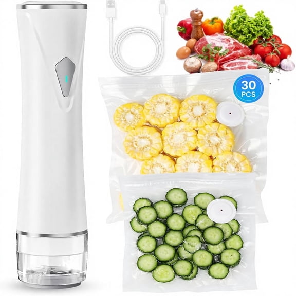 OMEO Compact Vacuum Sealer for Food with Visible Tank, Handheld Vacuum Sealer Machine with 30 Reusable Bags (15S 15M) for 5X Longer Freshness, Wireless and Portable Food Sealer, White