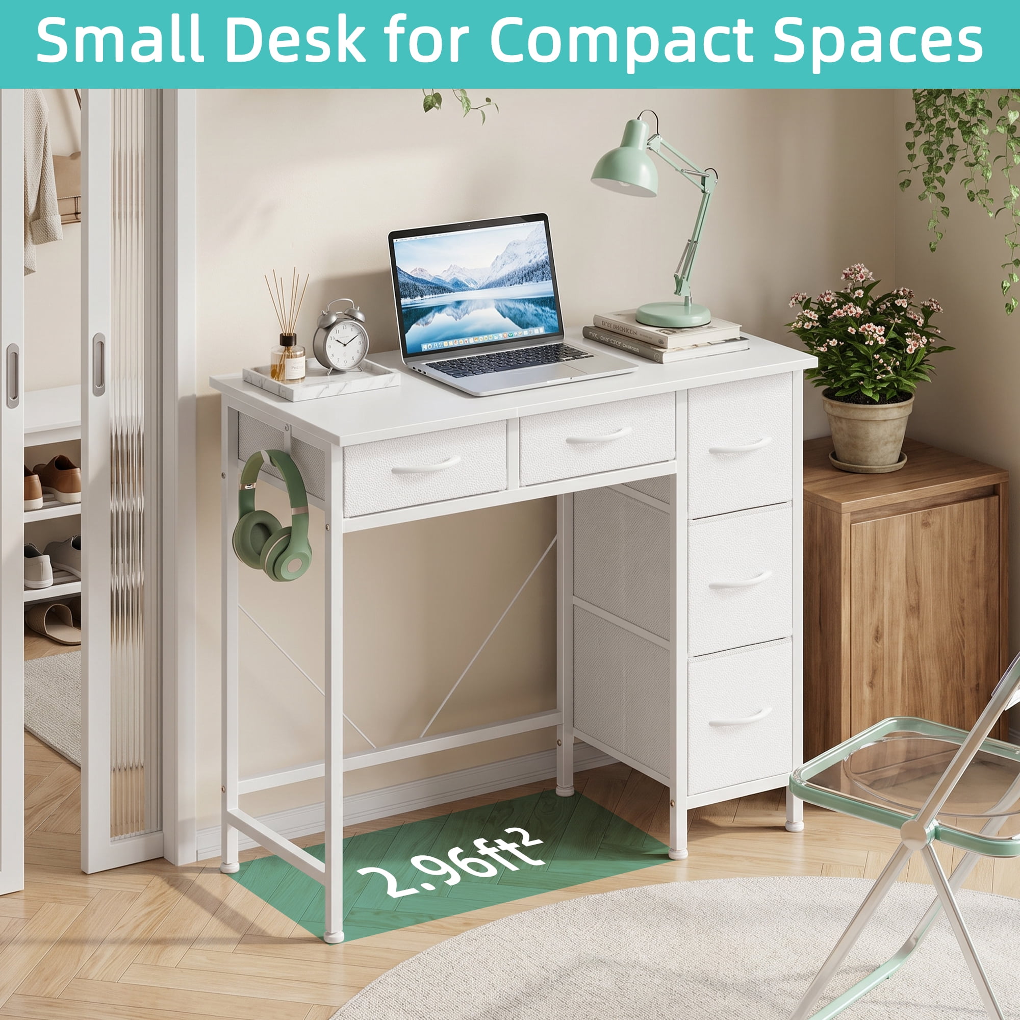 HIGDBFE Small Desk with 5 Fabric Drawers, Computer Desk with Iron Hook for Bedroom Home Office, White