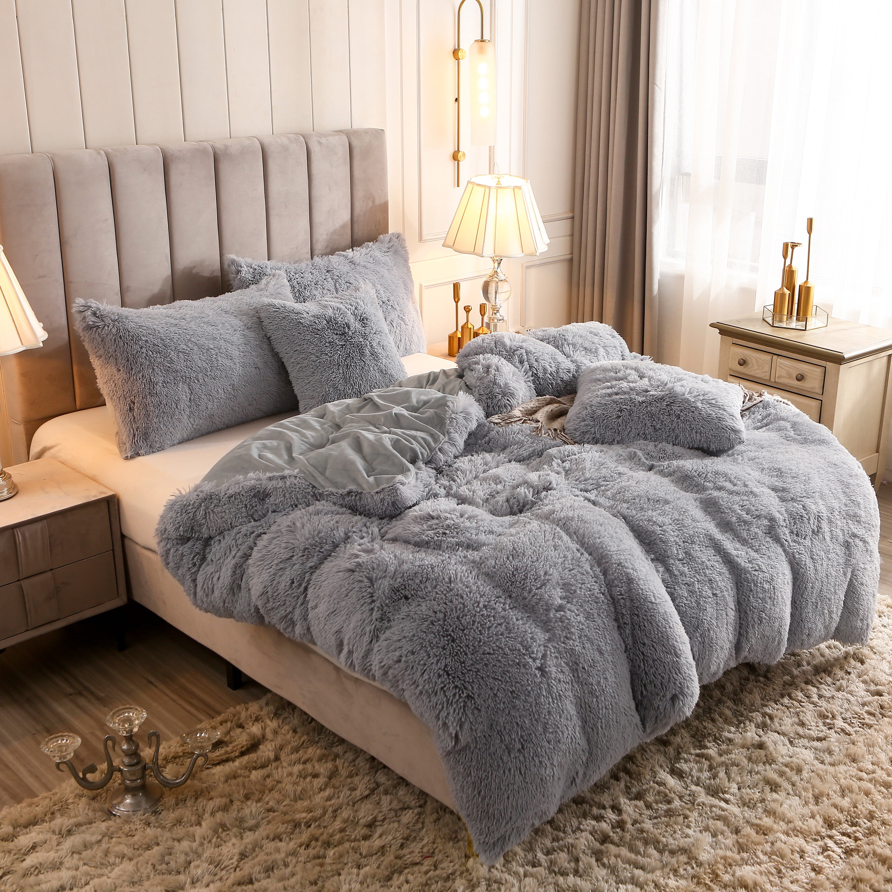 Uhamho 2 Piece Faux Fur Bedding Duvet Cover Set, Solid Comforter Cover Quilt Cover with Pillowcase, Twin, Light Gray