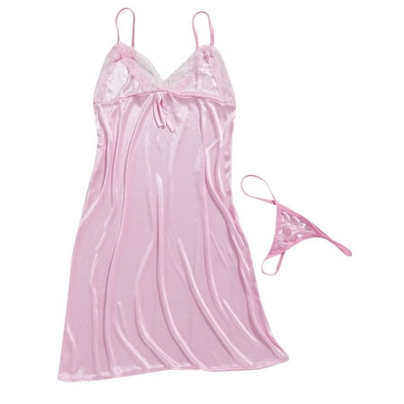 

BIZIZA Womens Bow Teddy Sexy Lingerie Lace Satin Nightgown Babydoll Sleepwear with Thong Pink One Size