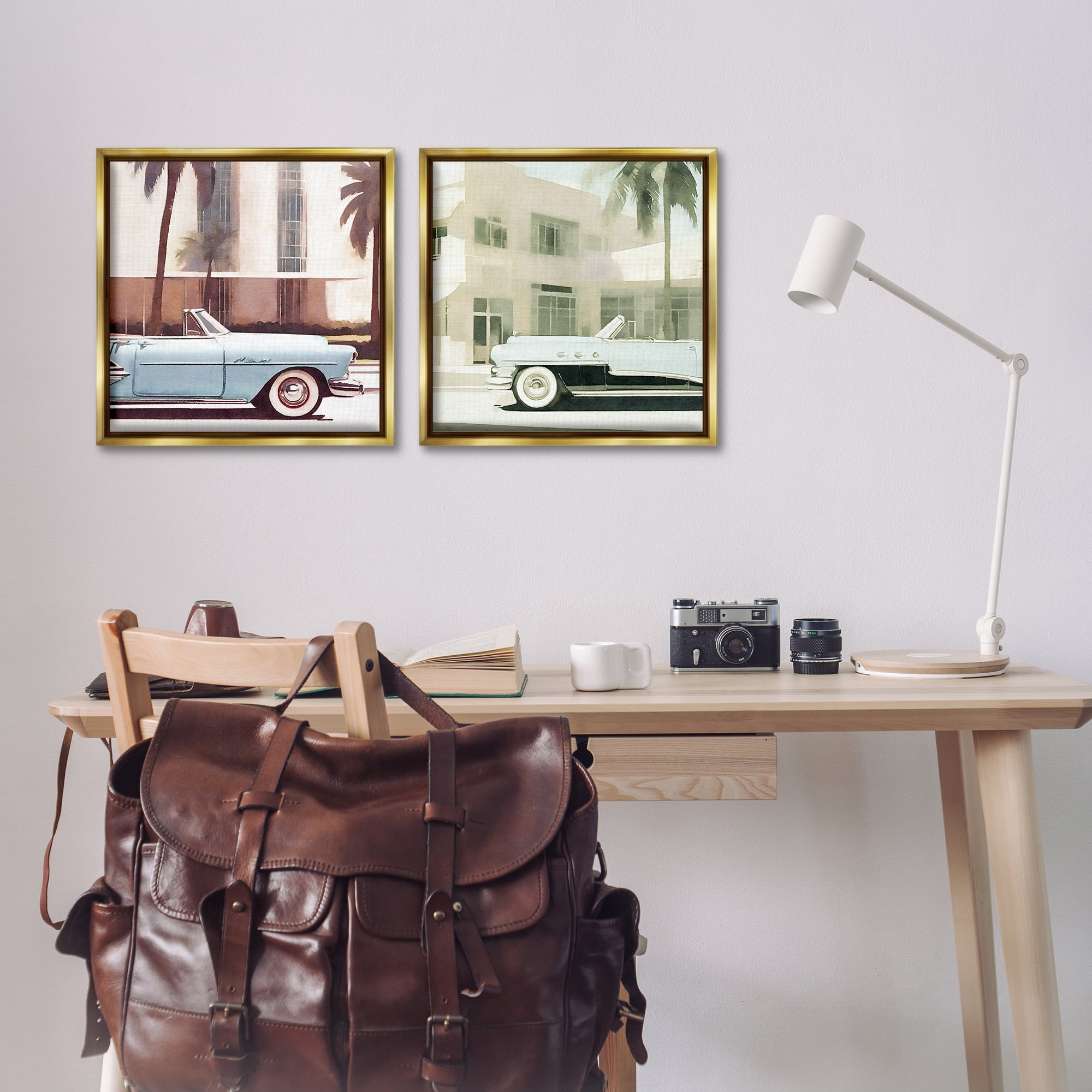 Stupell Industries Miami Cars in Summer Transportation Photography Gold Floater Framed Canvas Art Print Wall Art, 18 x 18, Set of 2