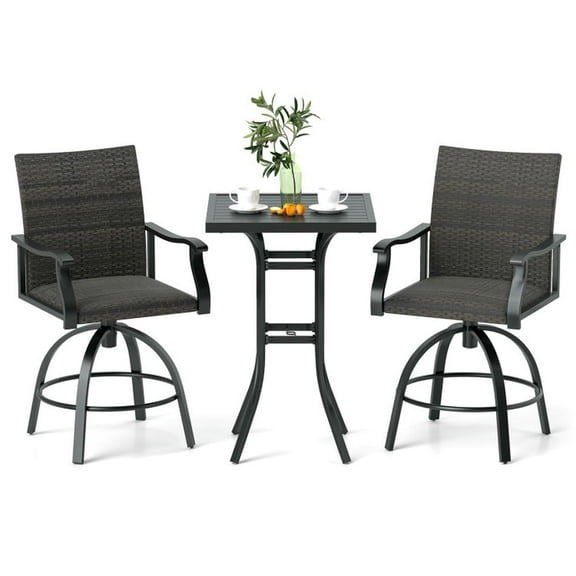 YYAo 3 Pieces PE Wicker Patio Swivel Bar Set with Quick-Drying Foam-Black