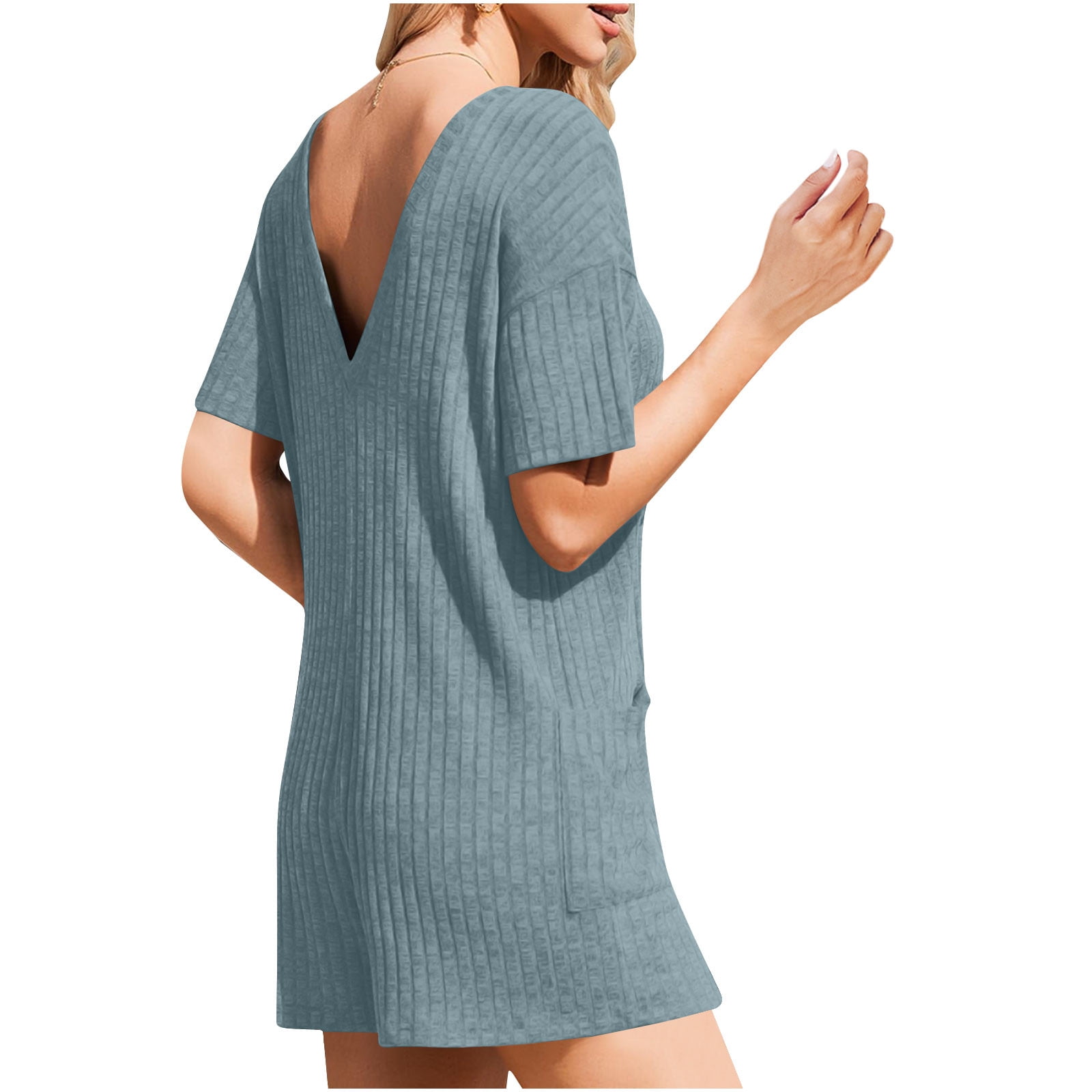 Feancey Oversized Rompers for Women Plus Size Trendy Knitted Jumpsuits Business Casual Short Sleeve Overalls Solid Color Loose One Piece Romper with Pockets Light Blue L