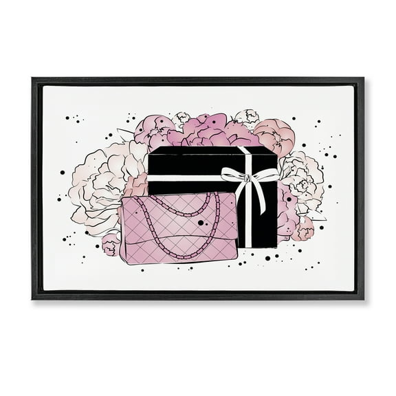 Stupell Industries Peony Swathed Handbags Fashion Painting Black Floater Framed Canvas Art Print Wall Art, 25 x 17