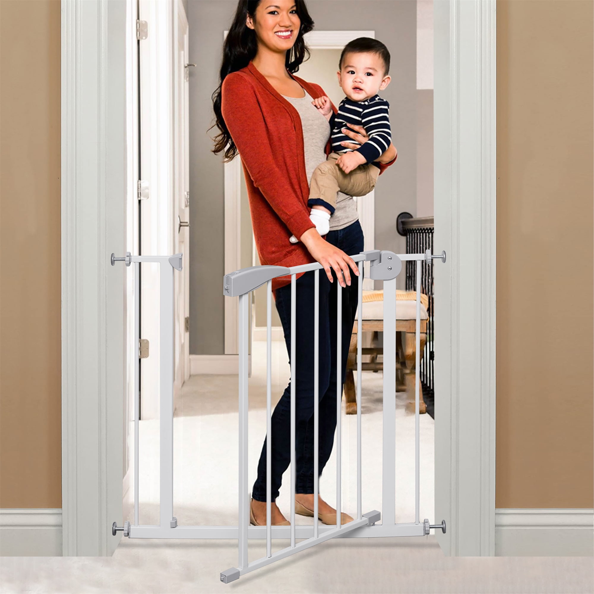Pefilos 31" Freestanding Dog Gate Extra Wide Pressure Mounted Metal Baby Gate, No Drilling, No Tools Required, Fits Openings 29.5-32 Inch , White Pefilos 31" Freestanding Dog Gate Extra Wide Pressure Mounted Metal Baby Gate, No Drilling, No Tools Required, Fits Openings 29.5-32 Inch , White
