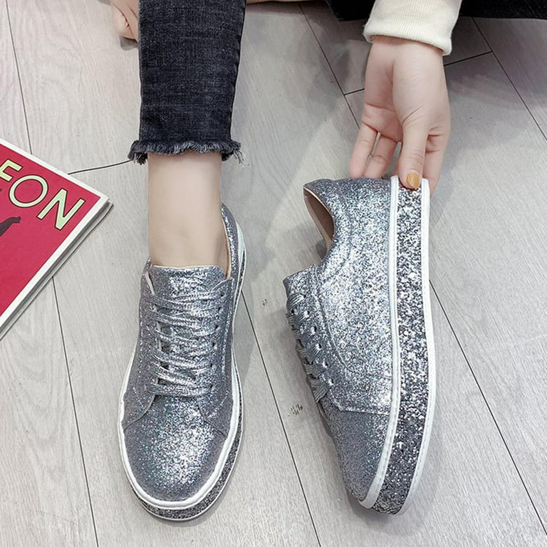 Women's Glitter Sequins Decor Sneakers, Breathable Mesh Inner Wedge Heeled  Shoes, Comfortable Platform Shoes