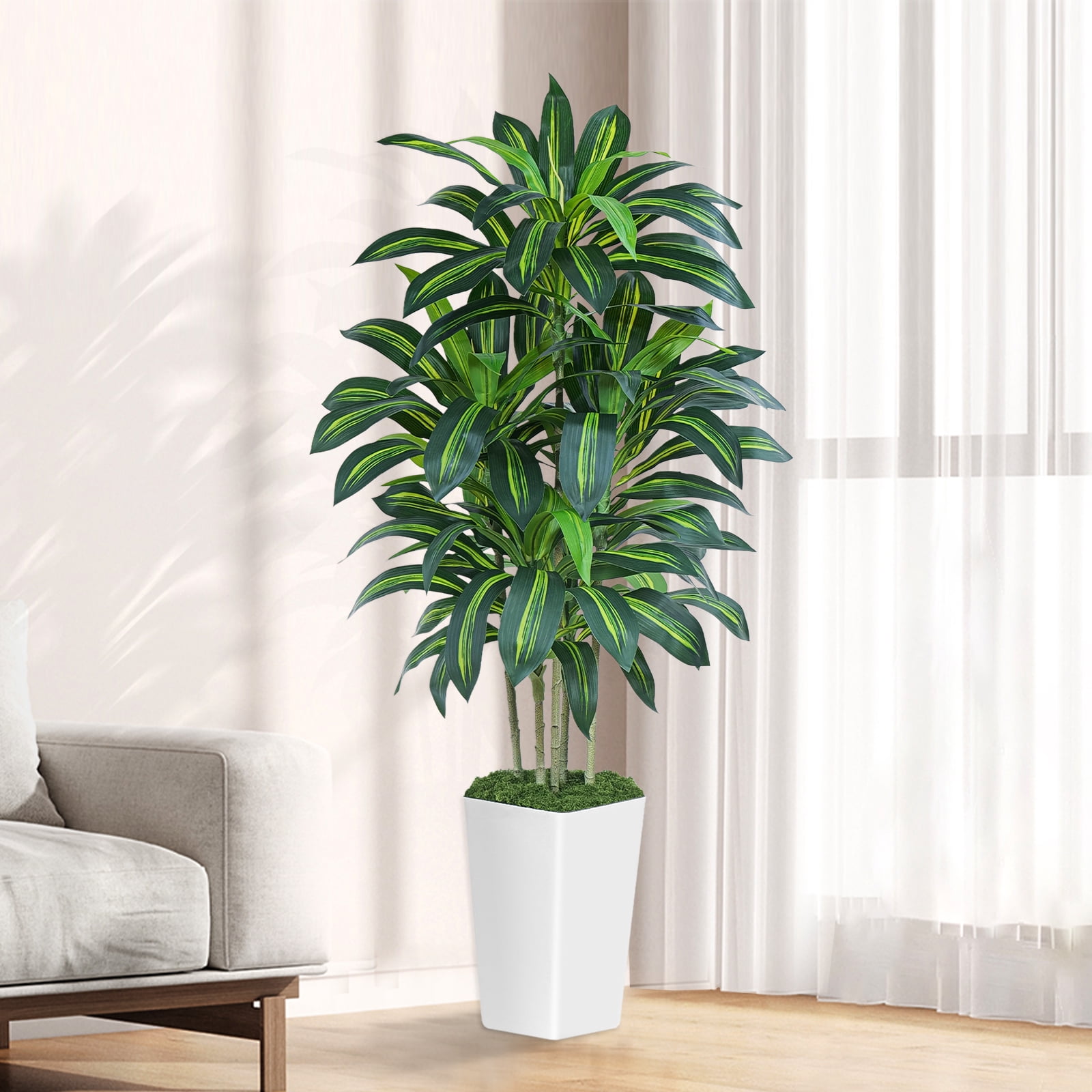 Keeplush 5FT Artificial Dracaena Tree with White Tall Planter - High-Density Silk Faux Yucca Fake Tree for Indoor Home Office Decor, Large Tall Artificial Floor Plant (150cm/5ft)