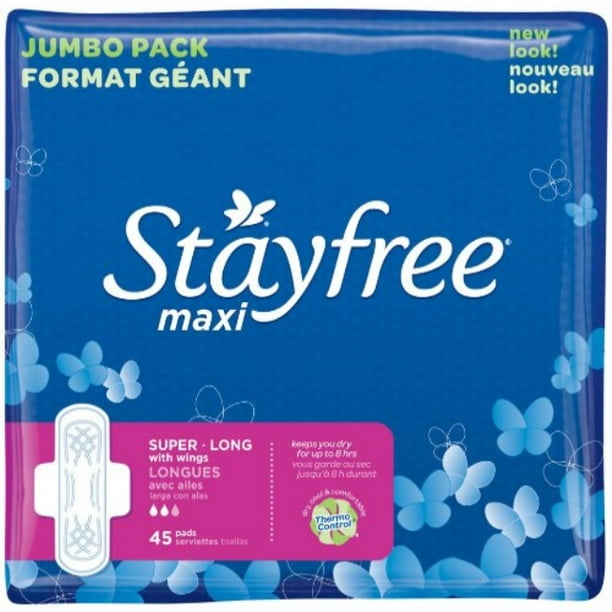 stayfree maxi pads, super long with wings, 45 count (pack of 4