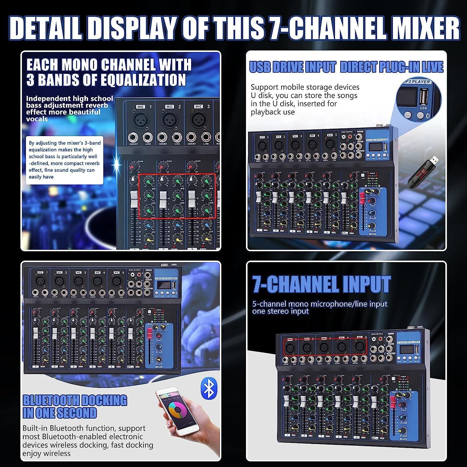 Mixer 7 Channels Studio Audio Mixer DJ Live Sound Mixing Console Bluetooth Mixer