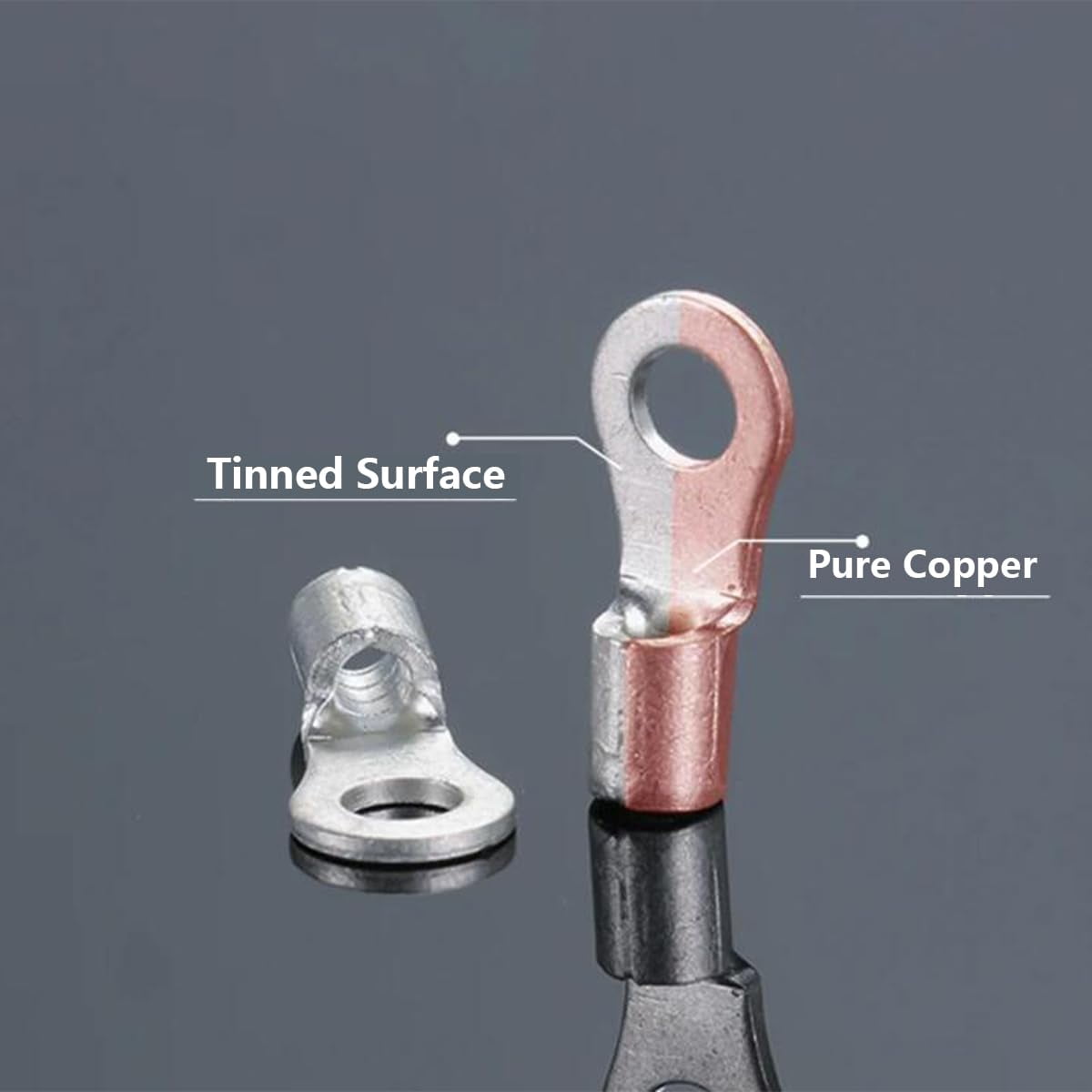 50pcs Non-Insulated Ring Terminal, 12-10 Wire Crimp Connector, 1/4 Inch Rod Type Red Copper Crimp Terminals