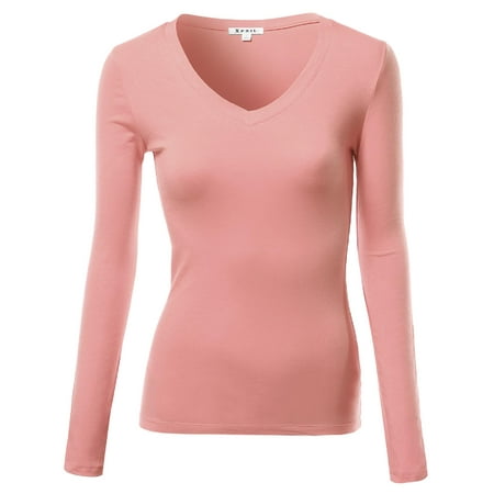 FashionOutfit Women's Basic Solid Fitted Sexy V-Neck Long Sleeve