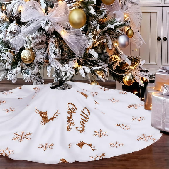 White and Gold Christmas Tree Skirt 30/36/48 Inch Faux Fur Holiday Decorations with Snowflakes and Reindeer, Plush Double-Layer Xmas Tree Mat for Home, Office, Party, Winter Wonderland