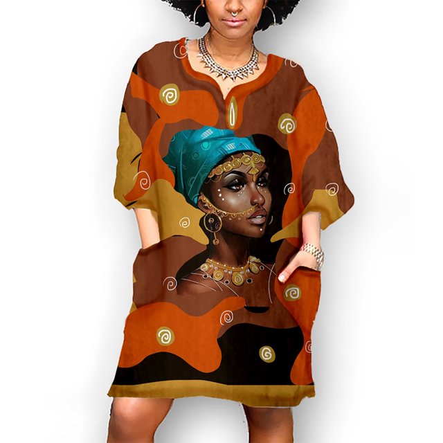 SMihono Robe d'Été pour Femmes Grande Taille Mode Africaine Vintage Imprimé Manches Mi-Longues Col en V Robe Mini Décontractée