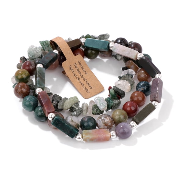 3pcs Natural Indian Agate Bead Bracelet sets for Men 7-1/2 inch(19cm)