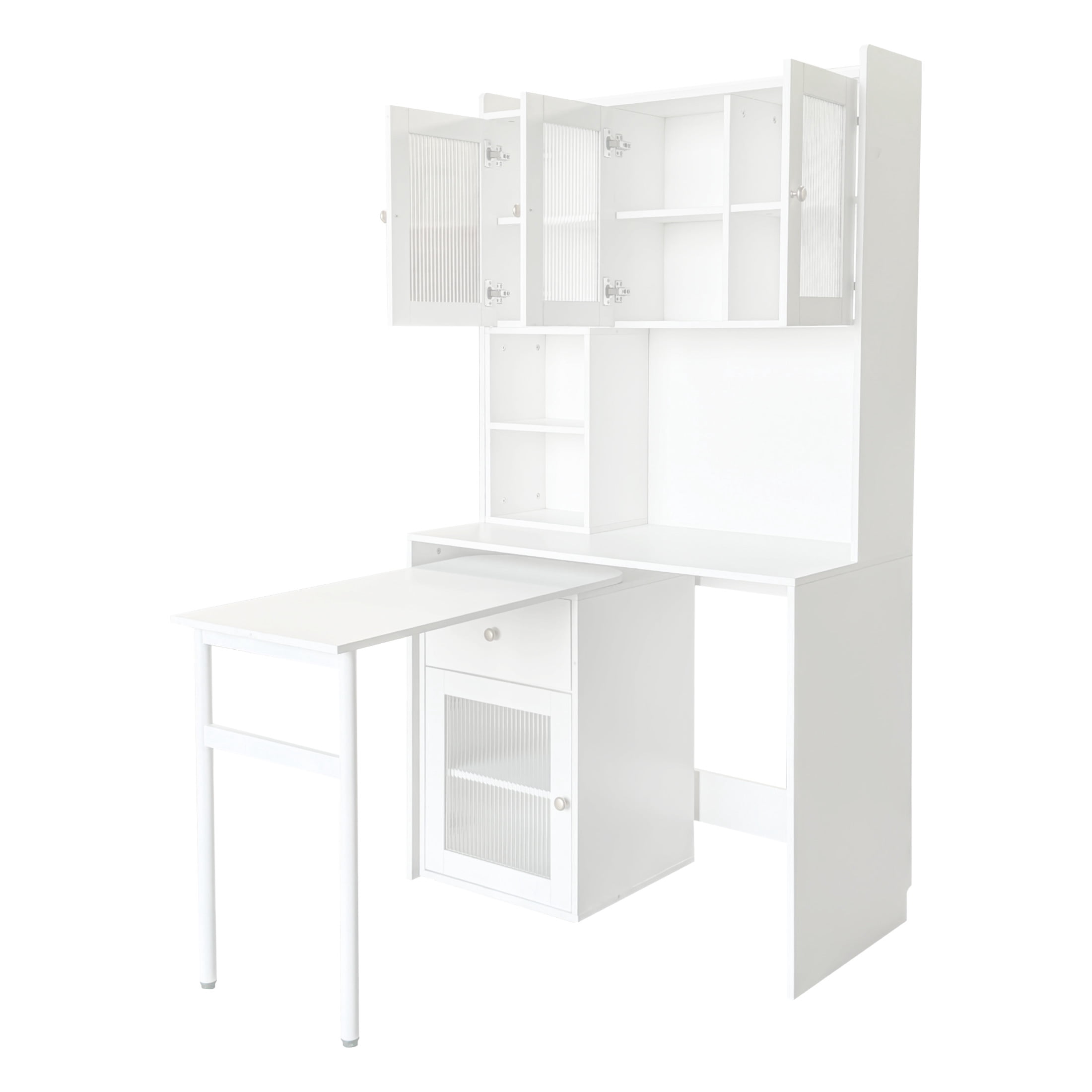 Noble House 70.87" Computer Desk with Hutch, Glass-Door Cabinets, 90° Rotating Desktop, Bookshelf & Drawer, White