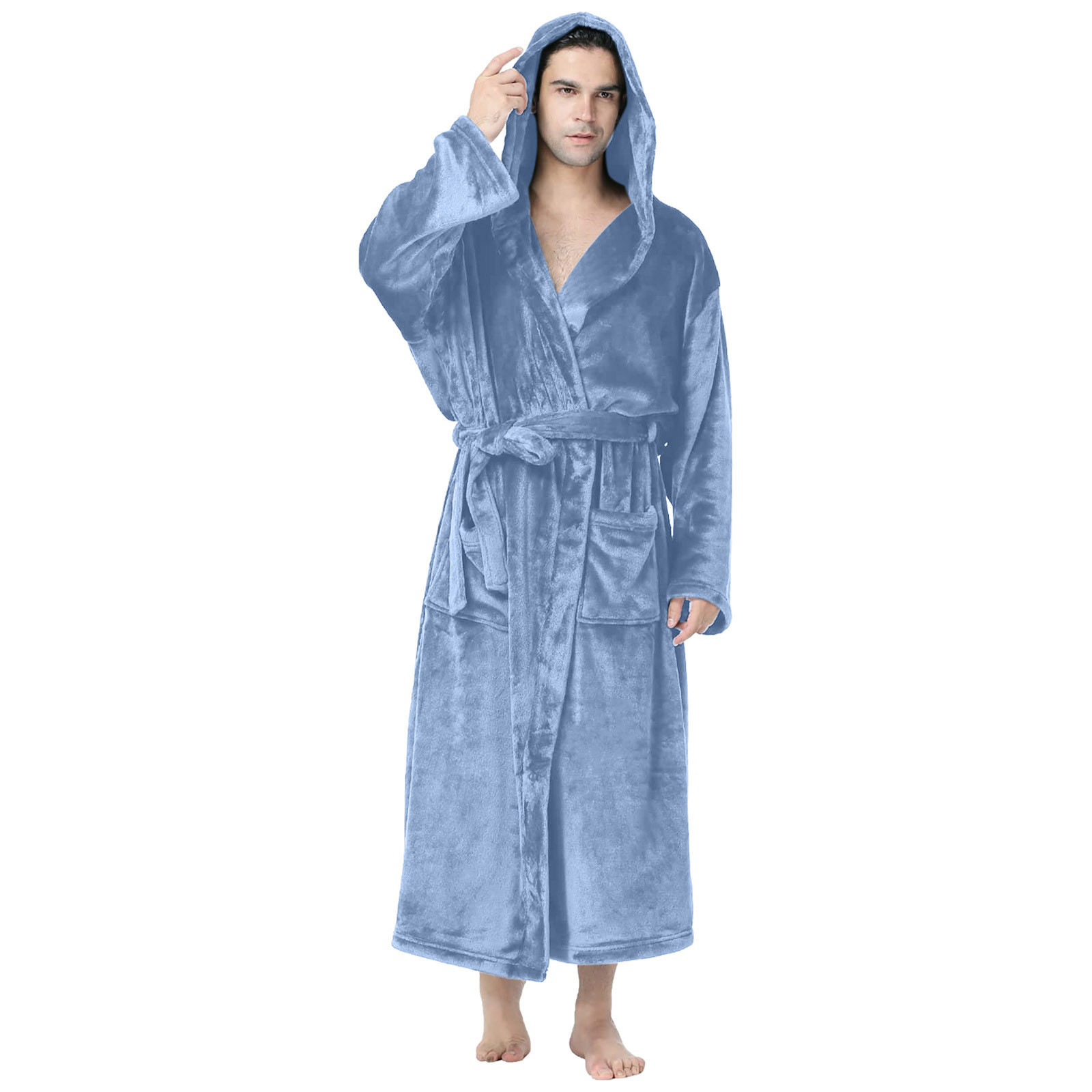 YanHoo Mens Fleece Plush Robe with Hood Ultra Soft Fluffy Full Length ...
