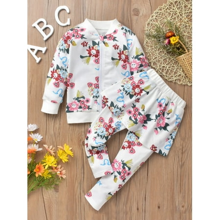 

Toddler Girls Floral Bomber Jacket With Pants Multicolor Casual A040W