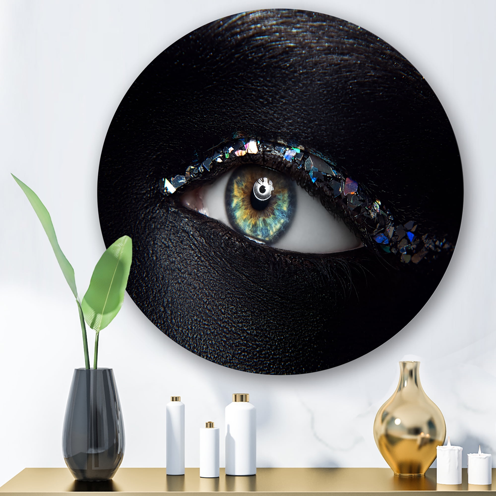 Designart 'Girl Eyes With Multi-Colored Glass Sparkles' Modern Circle Metal Wall Art 23x23 - Disc of 23