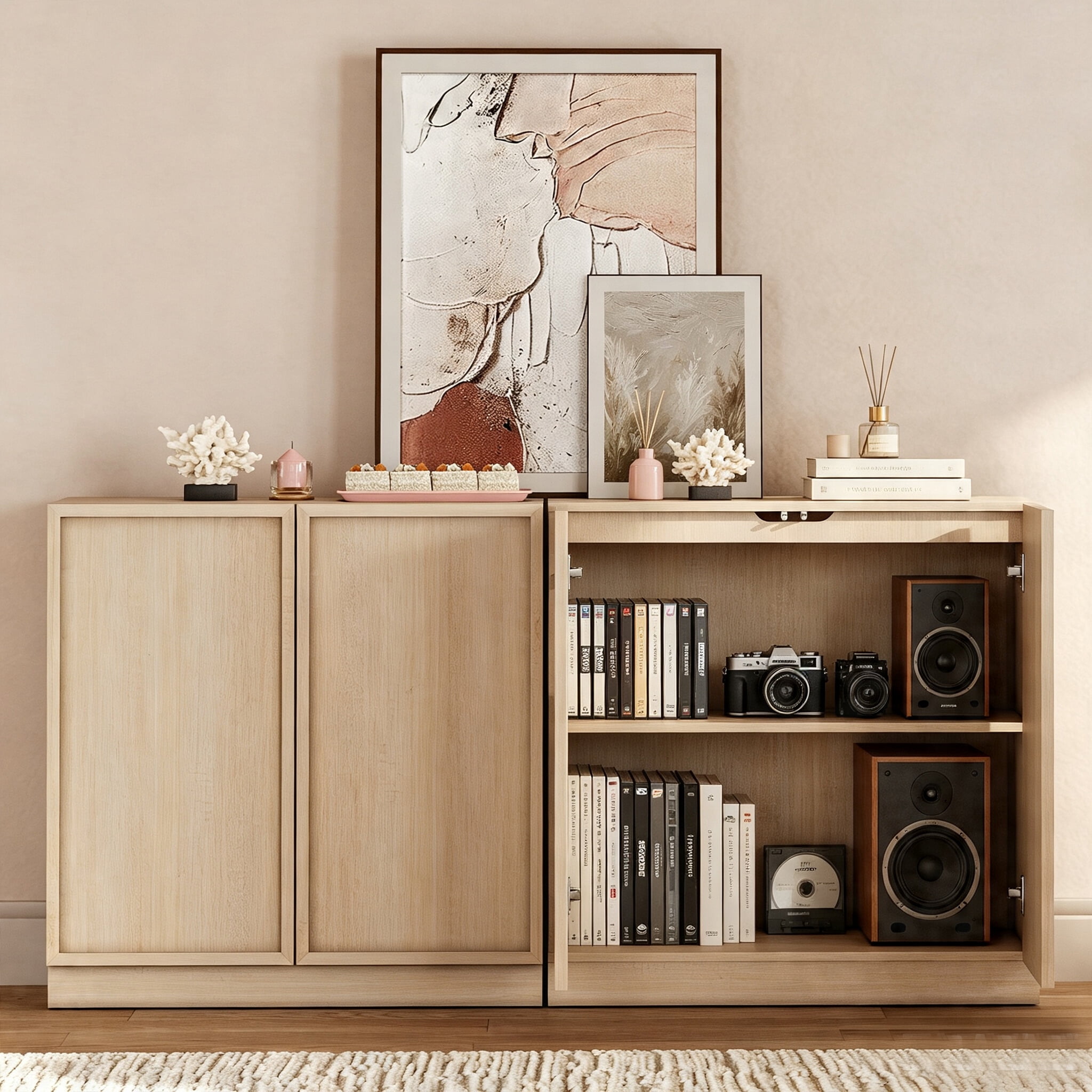 WAMPAT Modern TV Stand for TVs Up to 70", 2-in-1 Entertainment Center TV Console with 4 Doors and Adjustable Shelf, Wooden Media Console Cabinet for Living Room, Bedroom, Beige
