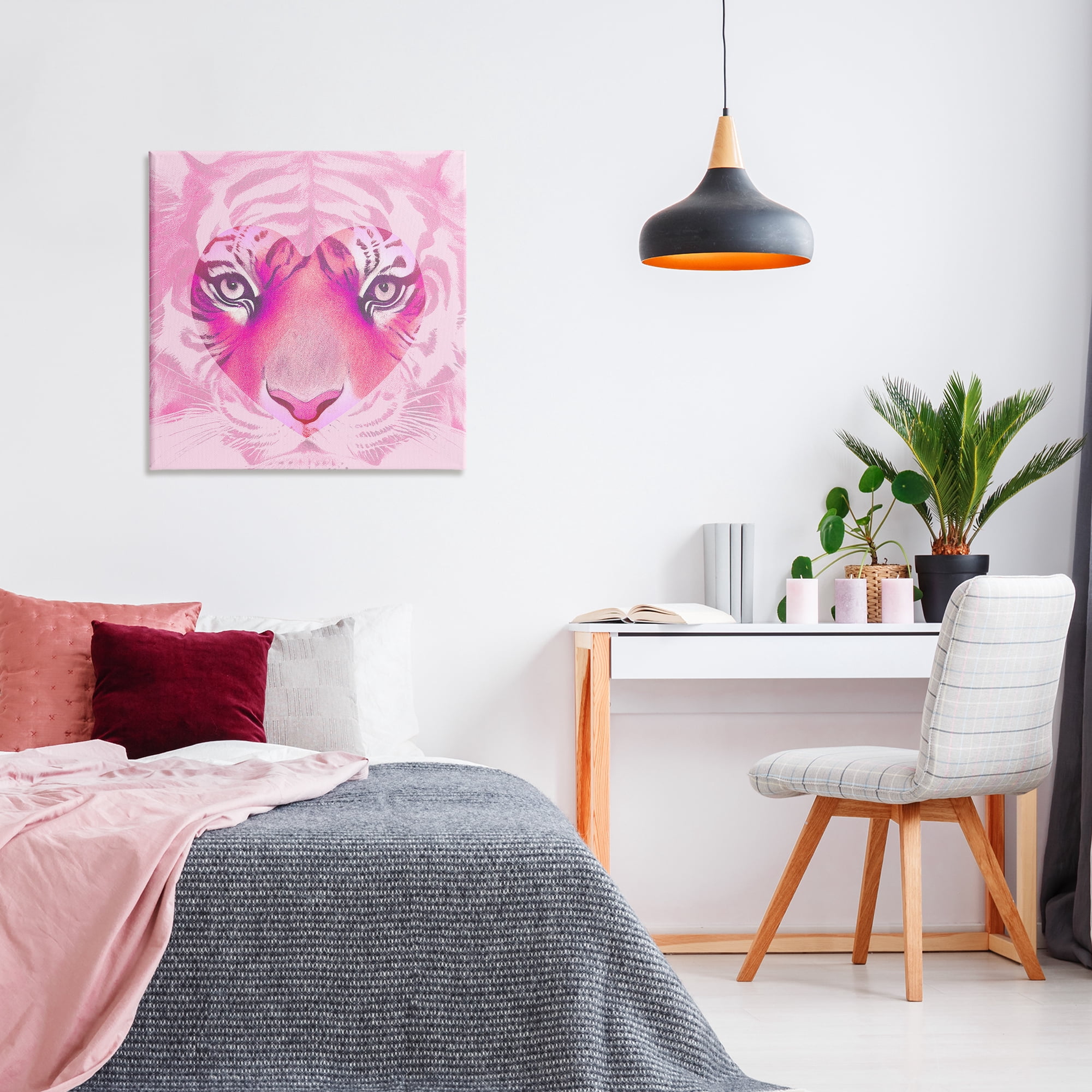 Stupell Industries Pink Heart Tiger Face Animals Painting Wrapped Canvas Art Print Wall Art, 30 x 30