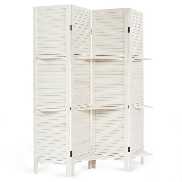 Giantex 4-Panels Wood Room Divider with Display Shelf Folding Privacy Room Dividers Screen for Home Office, 5.6FT, White