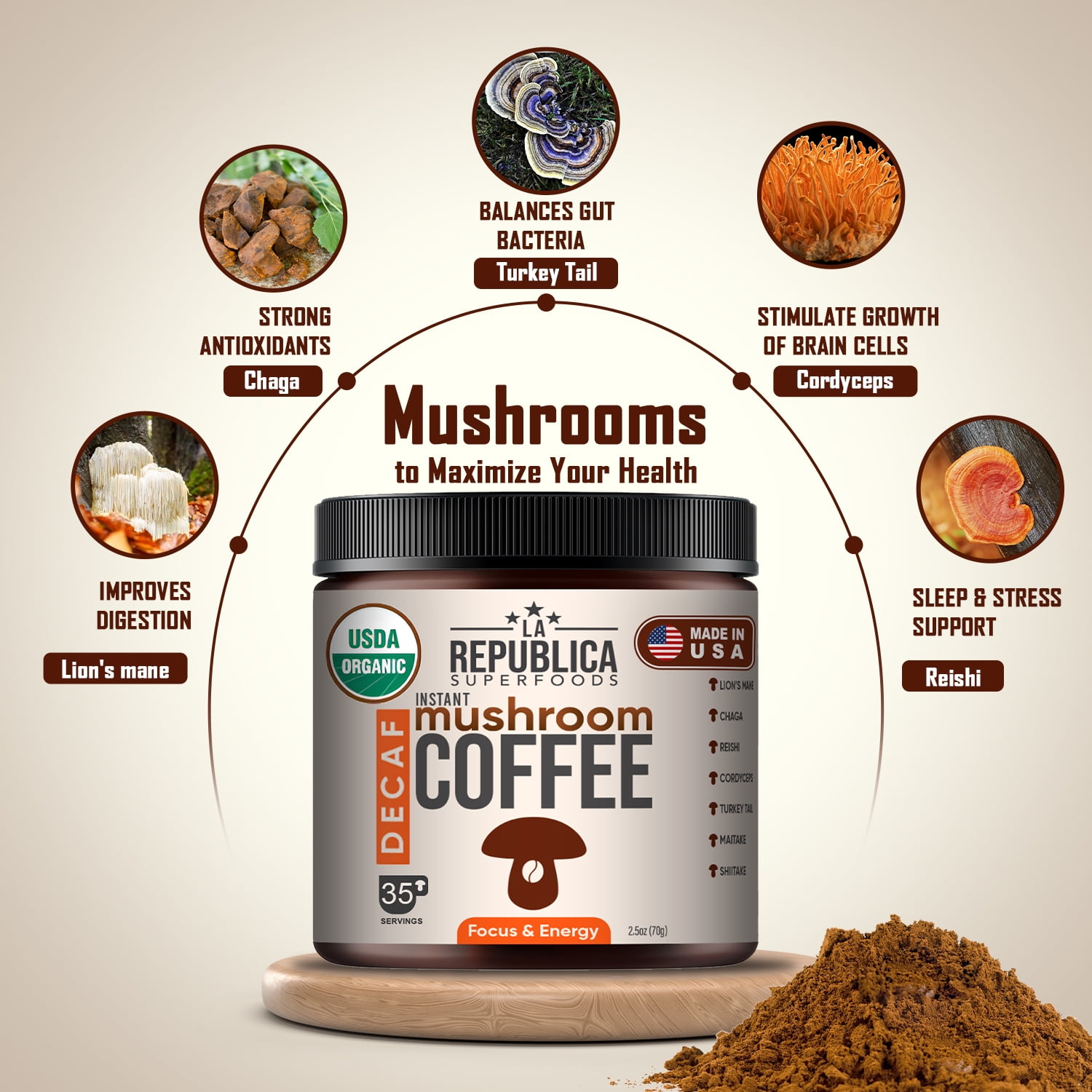 La Republica Organic Decaf Mushroom Coffee Instant Blend 2-Pack (7.5 oz) with Lion's Mane & Reishi – 70 Servings