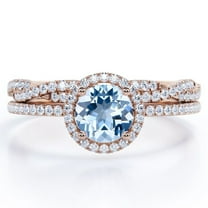 JeenMata Four-Prong Halo Setting 1.75 Carat Round Brilliant Cut Brazilian Created Aquamarine and Moissanite Pave Infinity Bridal Ring Set in 18K Rose Gold Plating over Silver