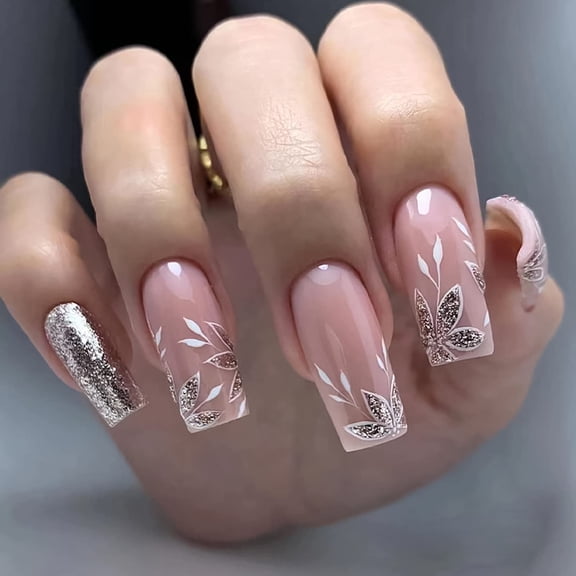 24 Pcs Coffin Press on Nails Medium Length Fake Nails Spring Silvery Glitter Leaf Designs Pink Acrylic False Nails with Summer Glossy Glue on Nails for Women Style 7 Medium