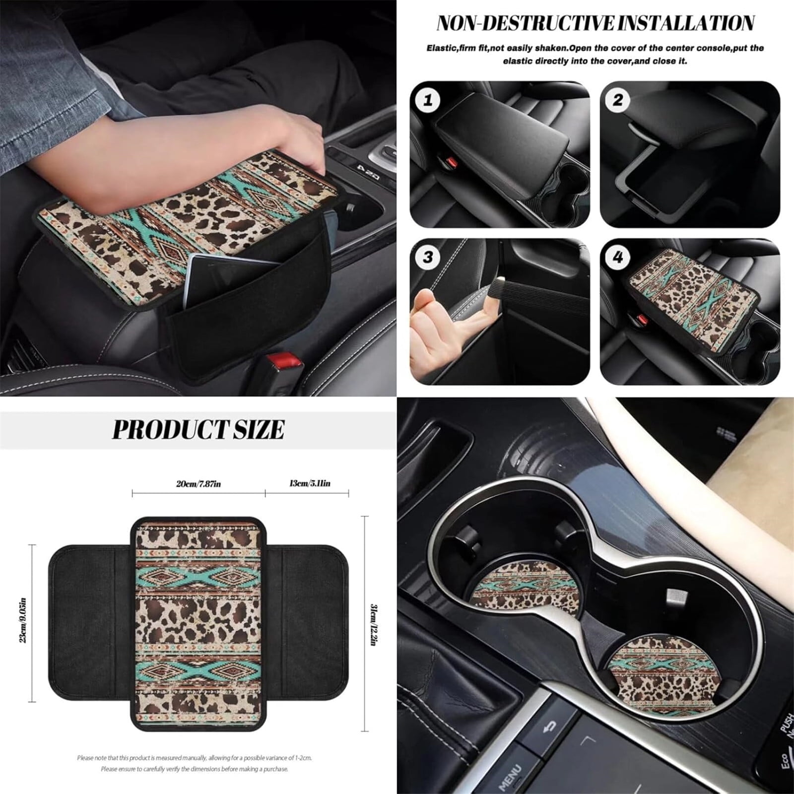 Yuyamidu Brown Cow Print Car Seat Cover Set of 12 Western Aztec Front Seat Covers Steering Wheel Cover Seatbelt Pads Armrest Cover Trash Can Air Vent Holder Rearview Mirror Cover Coasters Keychain