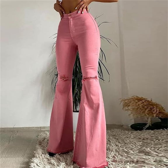 Flare Jeans For Women Ripped Flared Jeans Womens Vintage High Waited Bell Bottoms Jeans High Waist Knees Hole Wild Chic Tassel Hem Trousers Pink S