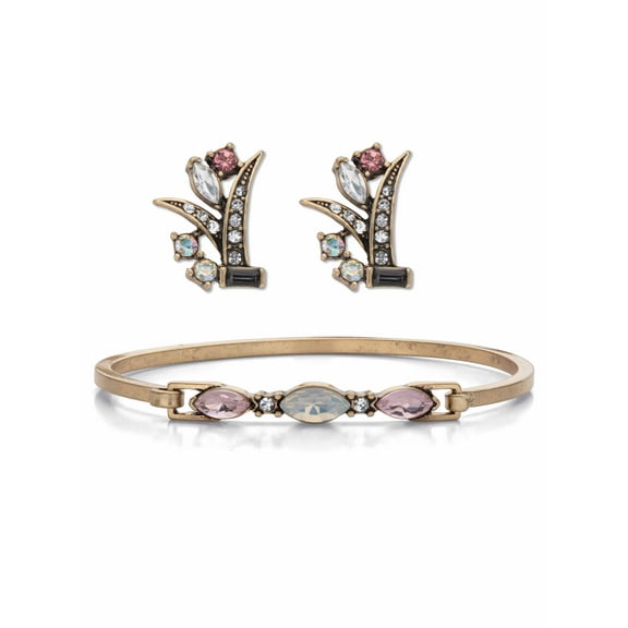 PalmBeach Jewelry Marquise Cut Fiery Aurora Borealis Crystal 2 Piece Bracelet and Earring Set Antiqued Goldtone