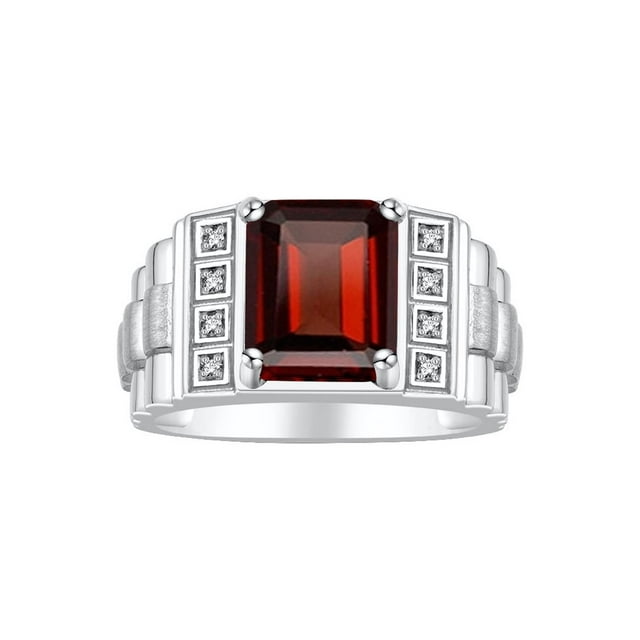 RYLOS Men's Rings Sterling Silver Designer Style 10X8MM Emerald Cut Shape Gemstone & Diamonds Garnet January Birthstone Rings For Men Size 9