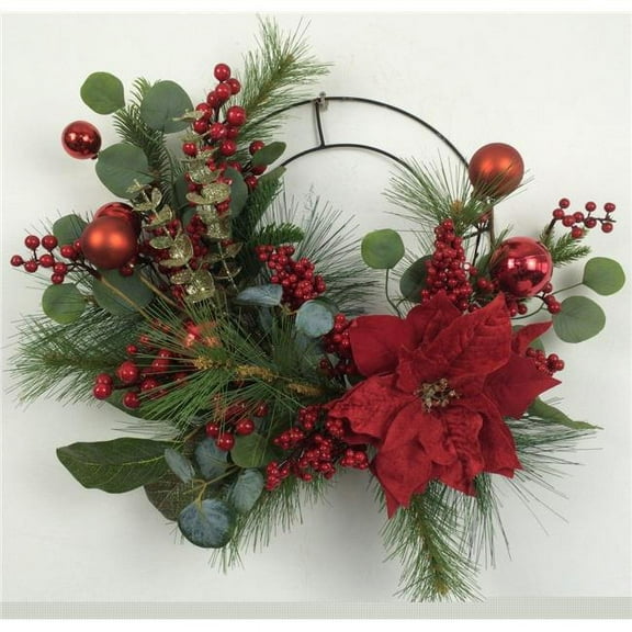 MDR Trading AI-FL7084-Q02 Christmas Poinsettia & Ornaments on Half Wreath, Green, Red & Brown - Set of 2
