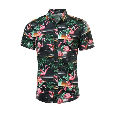 Mens Button Down Shirts Xl Men Floral Print Slim Fit Short Sleeve Button Down Beach Hawaiian Shirt XL (US 46) Dark Gray-flamingos,floral Print ()
